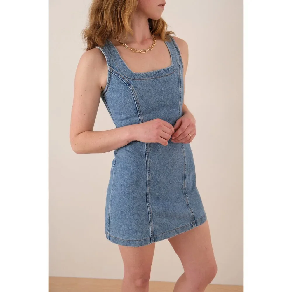 Vintage 90s Medium Wash Cotton Denim Paneled Sleeveless Mini Dress - Picture 6 of 8